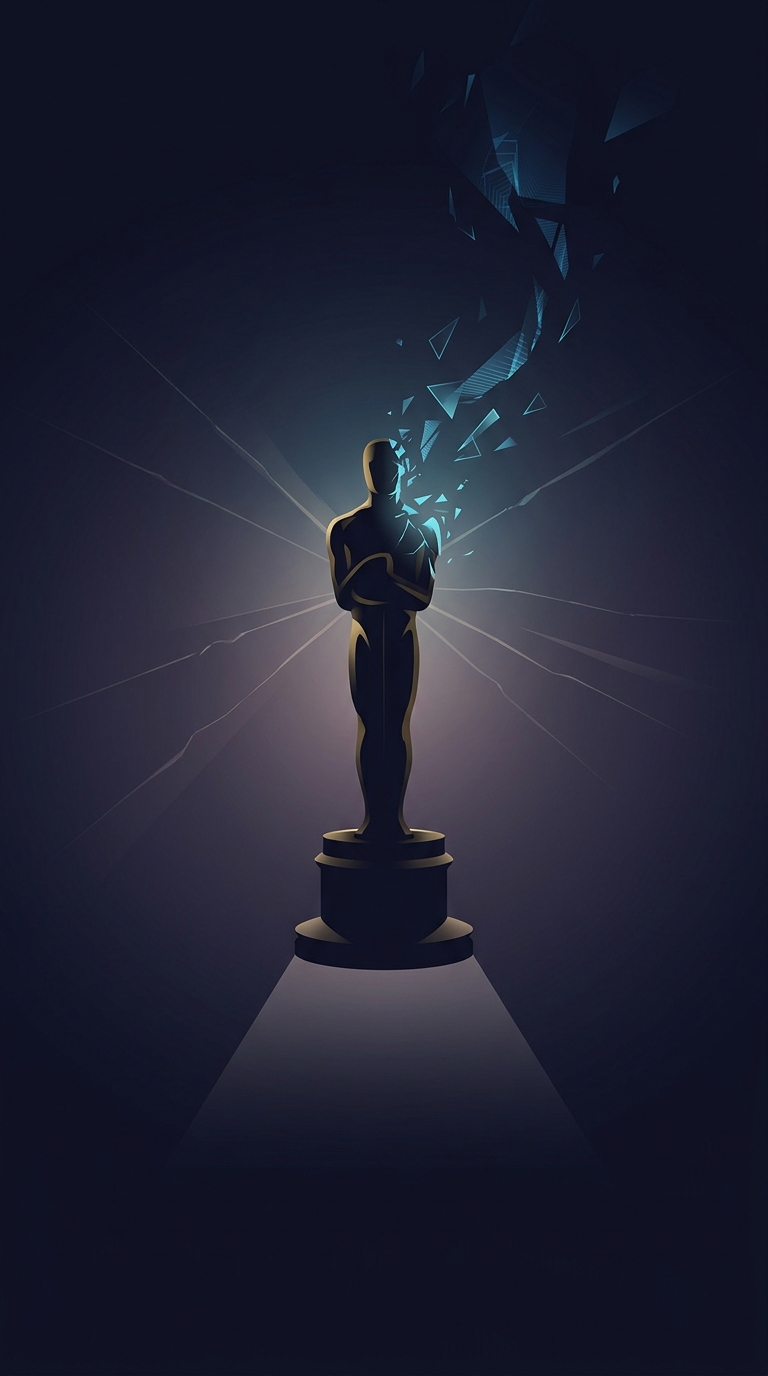 Look closely at the iconic golden Oscar statuette. The featureless man isn't just standing there. What is he doing?