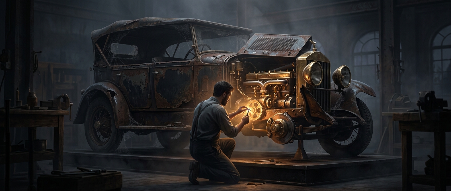 Classic automobile restoration brilliantly perfectly preserves the magnificent mechanical artistry of entirely forgotten early industrial eras.