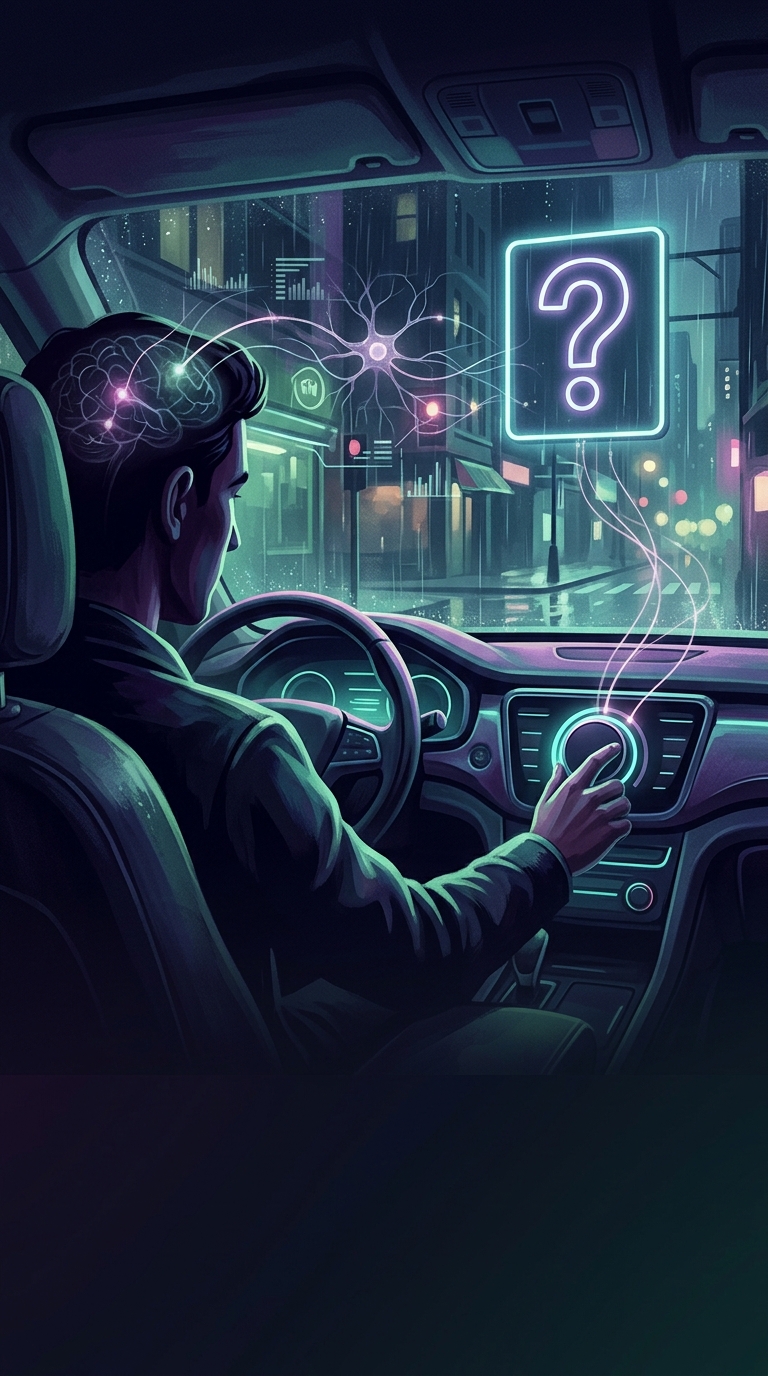 Why do most drivers instinctively turn down the car radio when looking for a specific address?