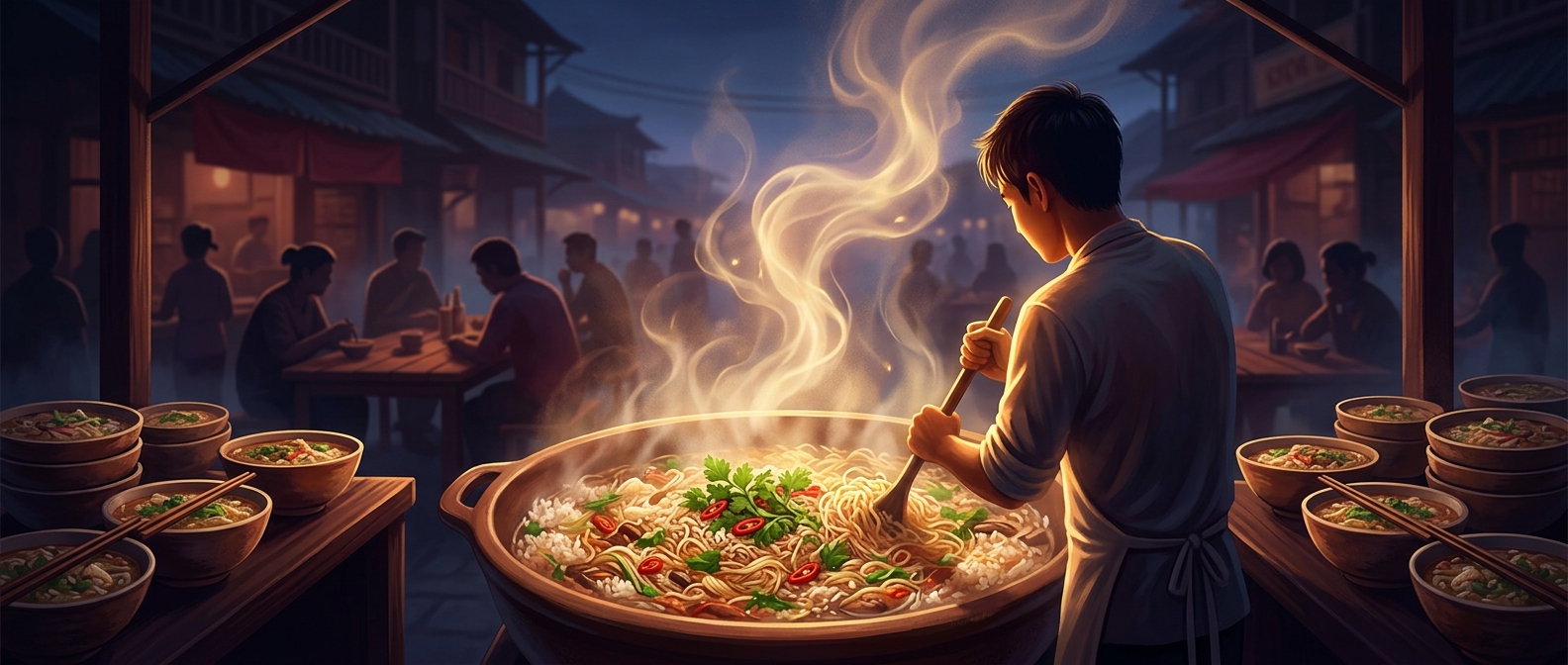 Breakfast bowls heavily feature dense rice and noodle soups