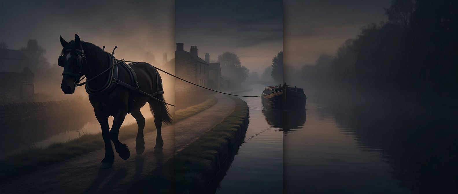 Canal towpaths let draft animals pull barges from the shore