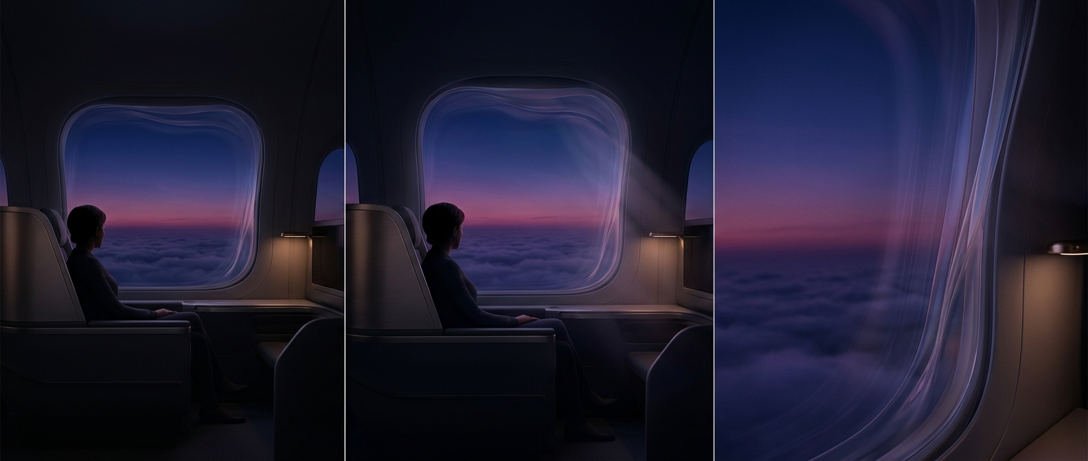 Plane windows consist of stretched acrylic panels