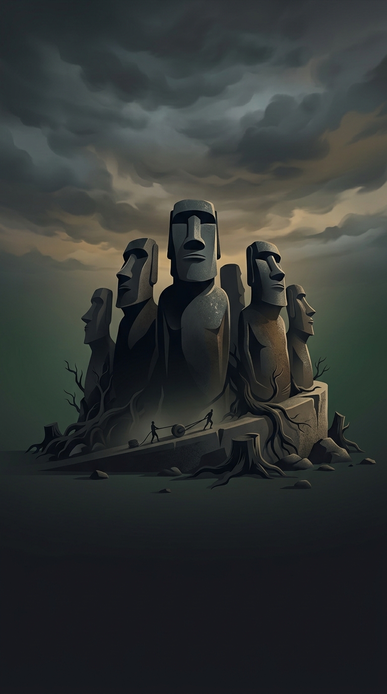 Easter Island features nearly one thousand massive monolithic human figures called moai, carved by the Rapa Nui people between the years twelve fifty and fifteen hundred without the use of metal tools or wheels.