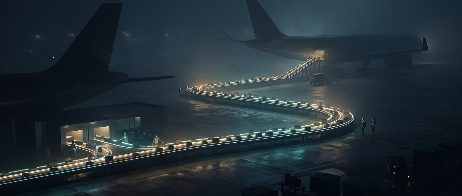 Baggage handlers utilize long conveyor belts to load planes