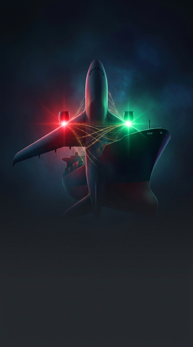 Why do commercial airplanes and massive cargo ships both use red and green lights on their outermost sides at night?