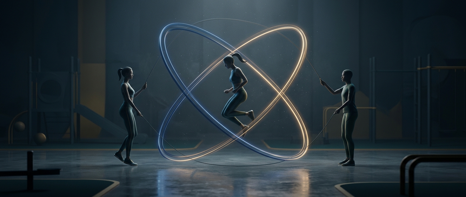 Double Dutch jump rope involves crossing opposing arcs