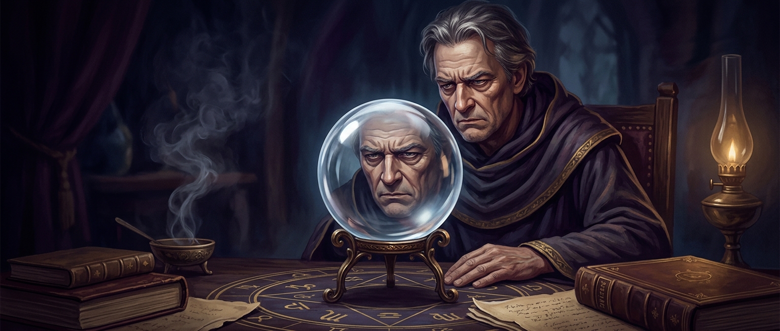 Staring deeply into a polished crystal ball only to see a reflection of your own cynical glare