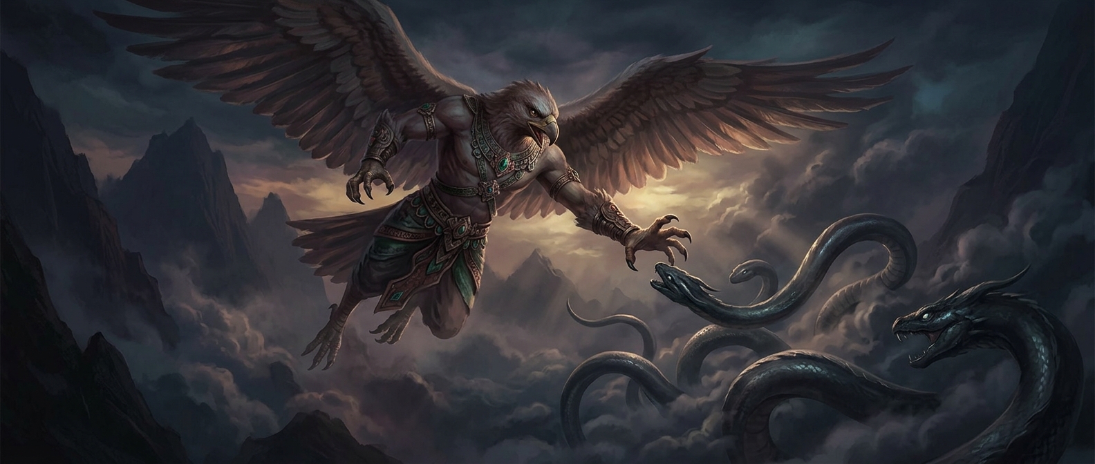 Garuda is a gigantic bird man hunting serpentine beings