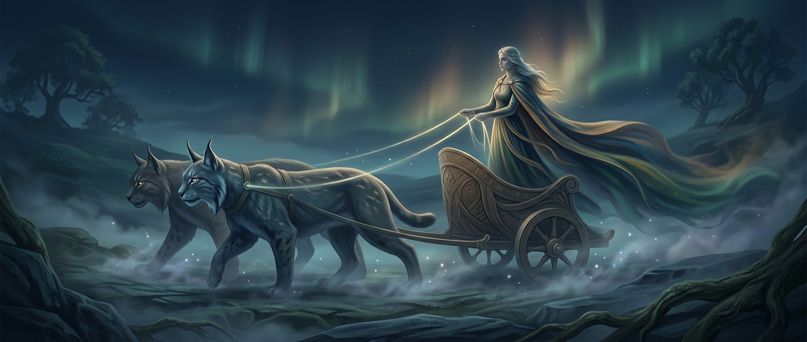 Freya employs giant cats to pull her divine chariot