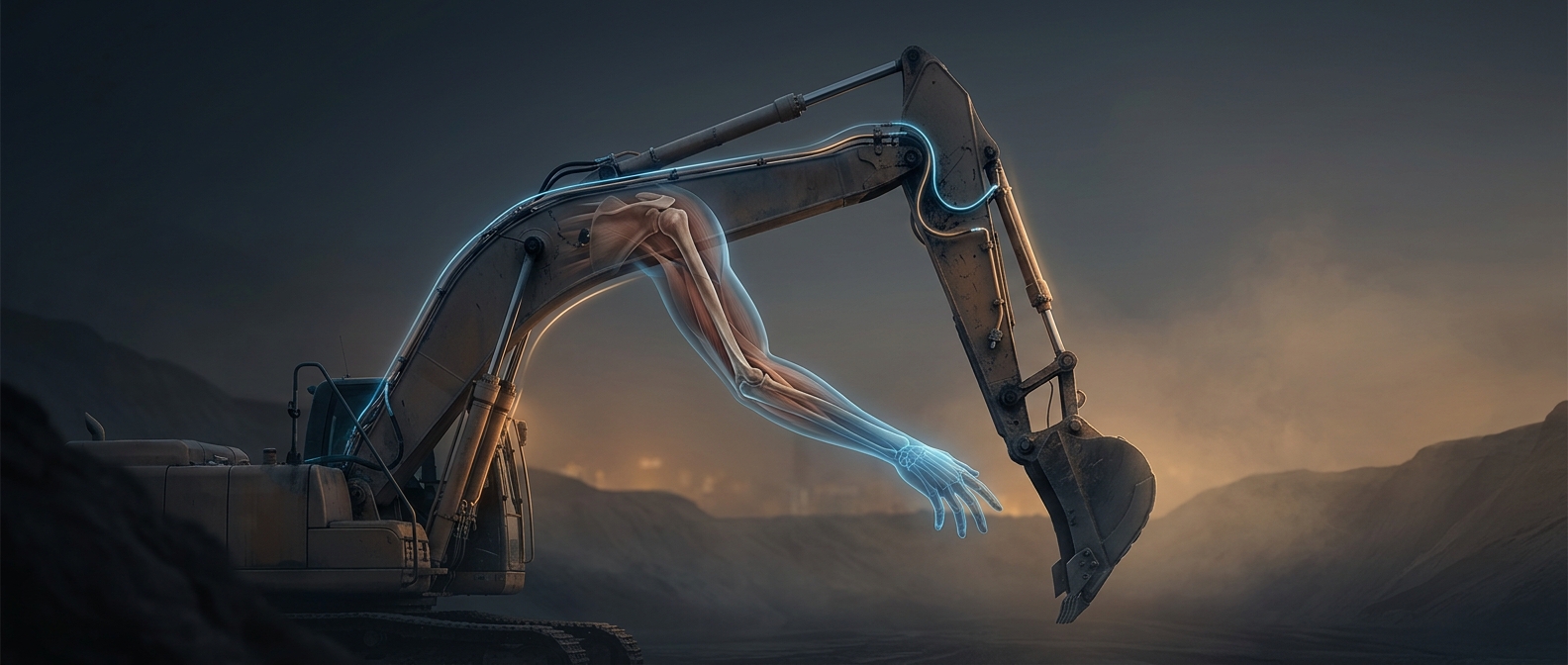 Excavator boom and stick arms mimic human joints