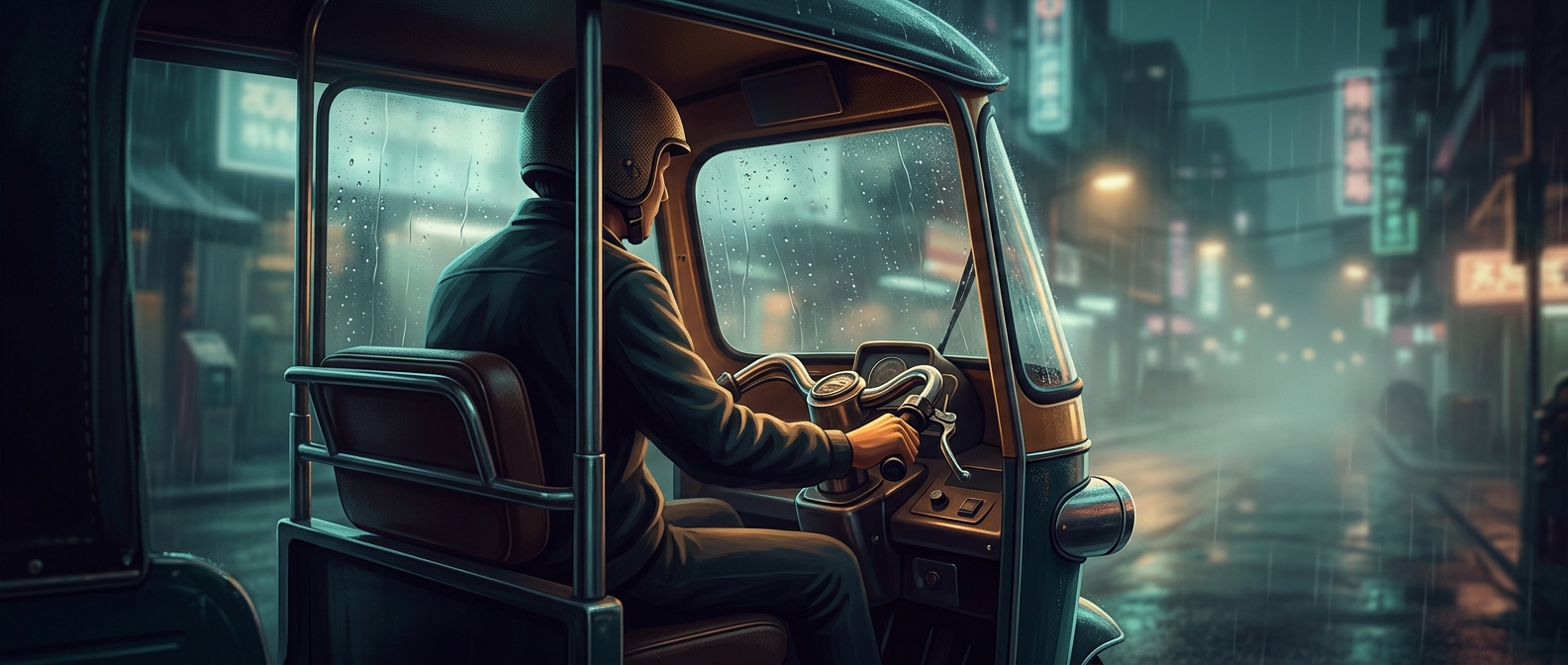 Tuk-tuk drivers steer enclosed cabins using handlebars
