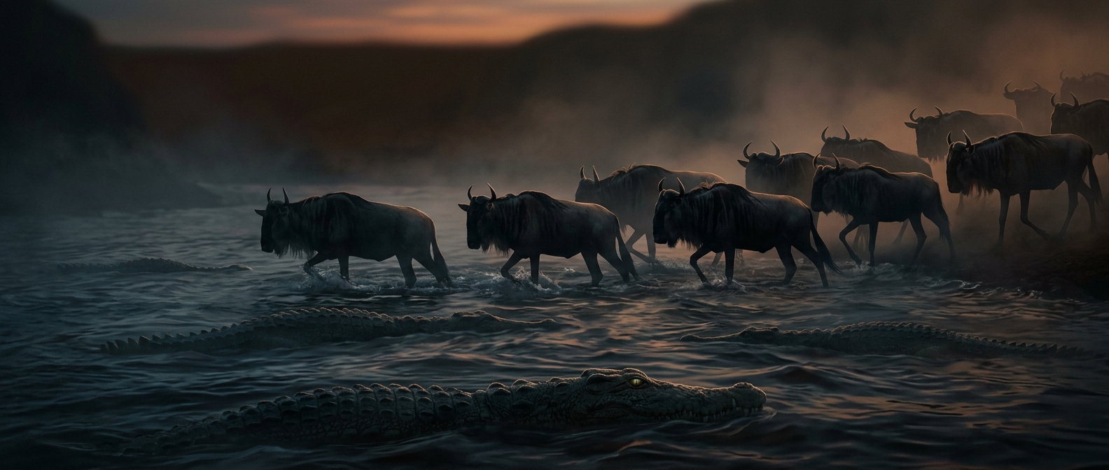 Wildebeests cross crocodile-infested rivers in Tanzania