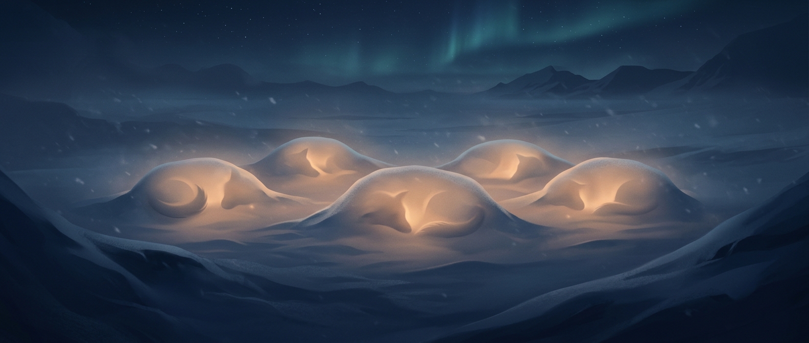 Sled dogs sleep under the snow