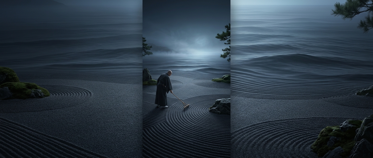 Monks rake dry gravel to mimic oceanic ripples
