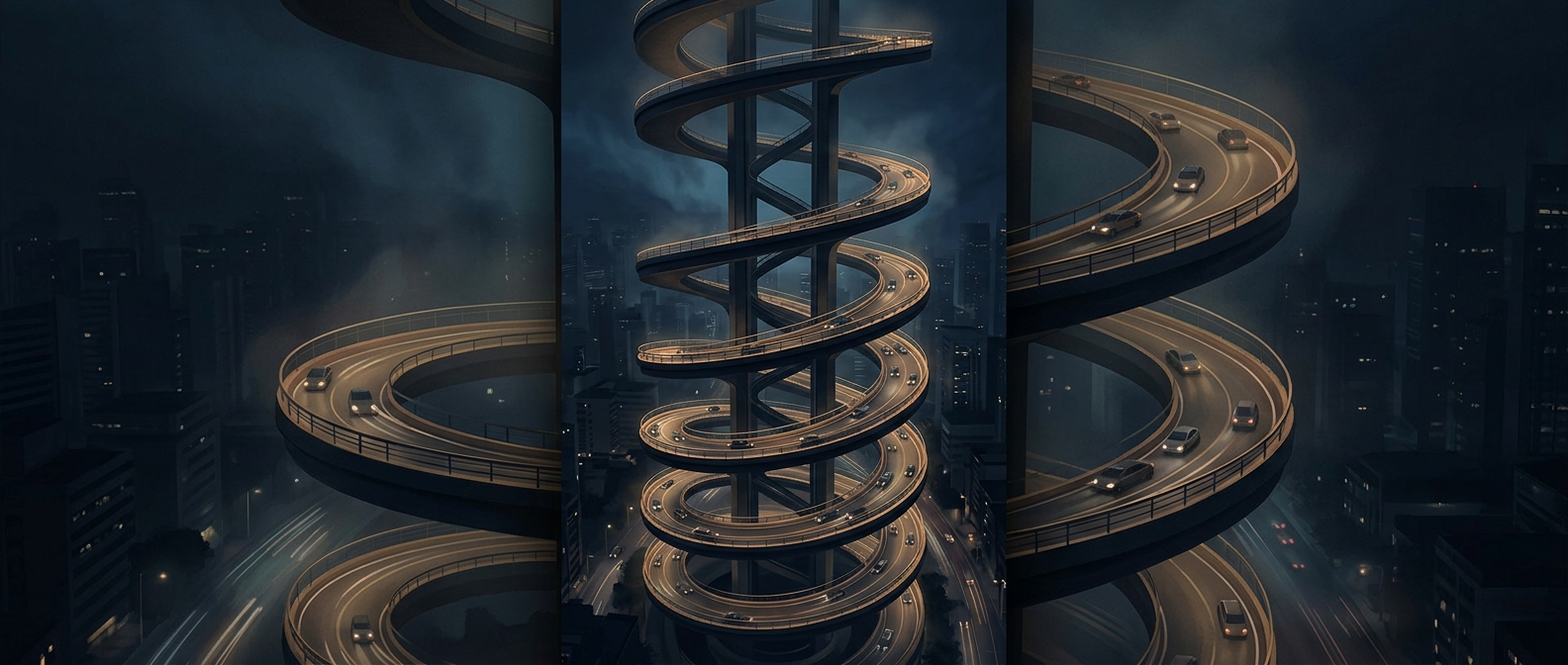 Спиральные рампы парковок нагромождают дороги вертикально