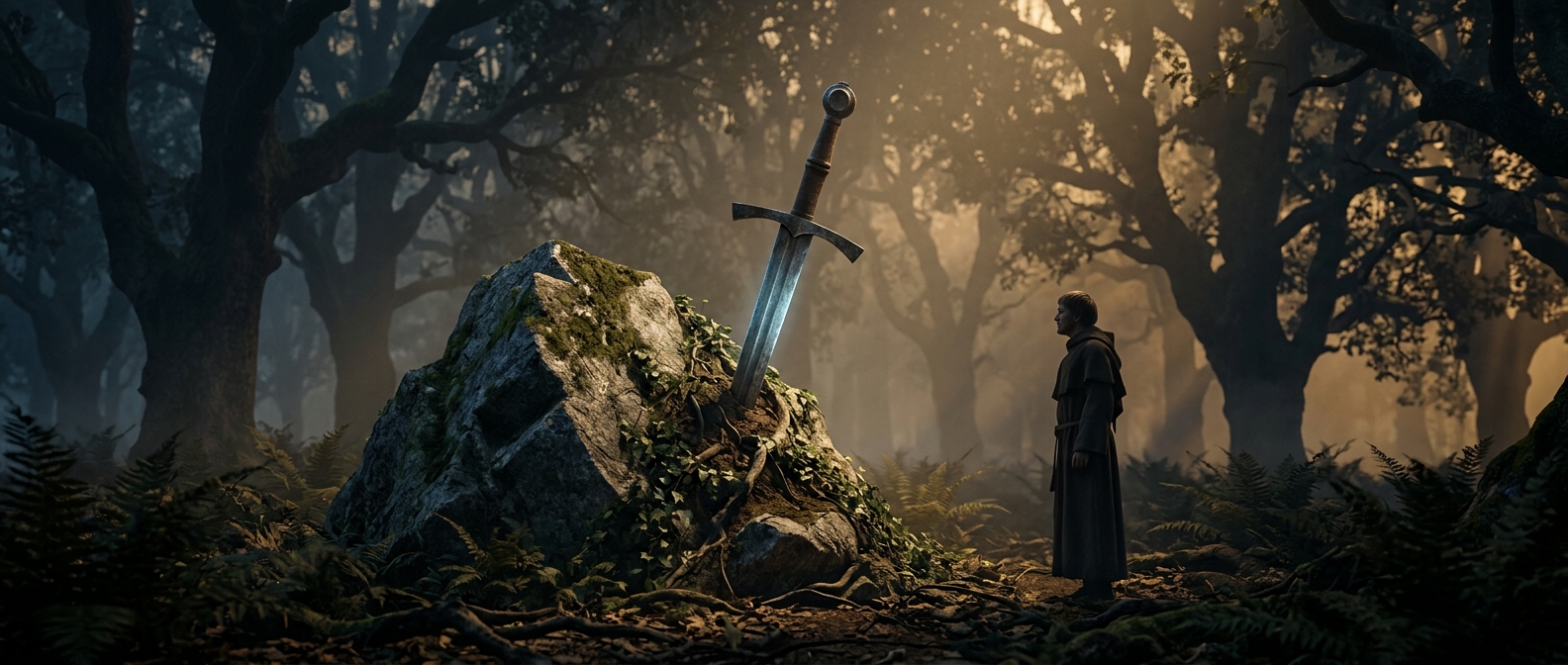 An authentic medieval sword is permanently embedded in rock