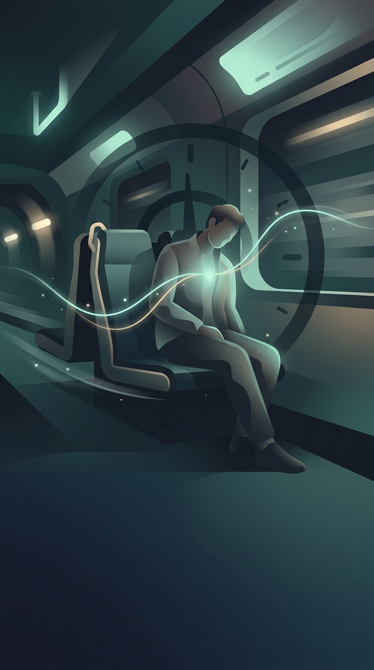 Adults can easily pass out on a noisy commuter train despite intense stress because the physical movement triggers what?