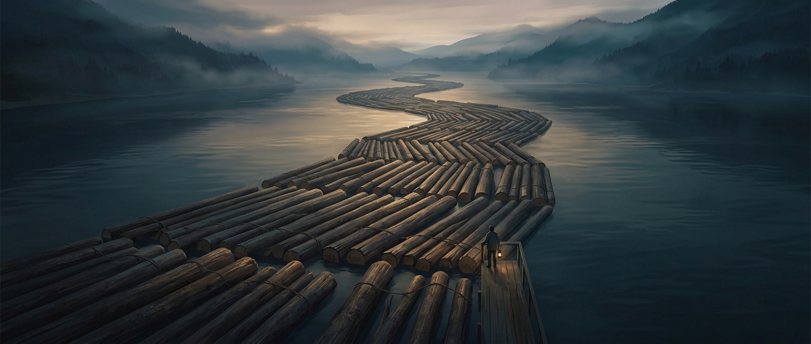 Timber rafts transport thousands of massive logs