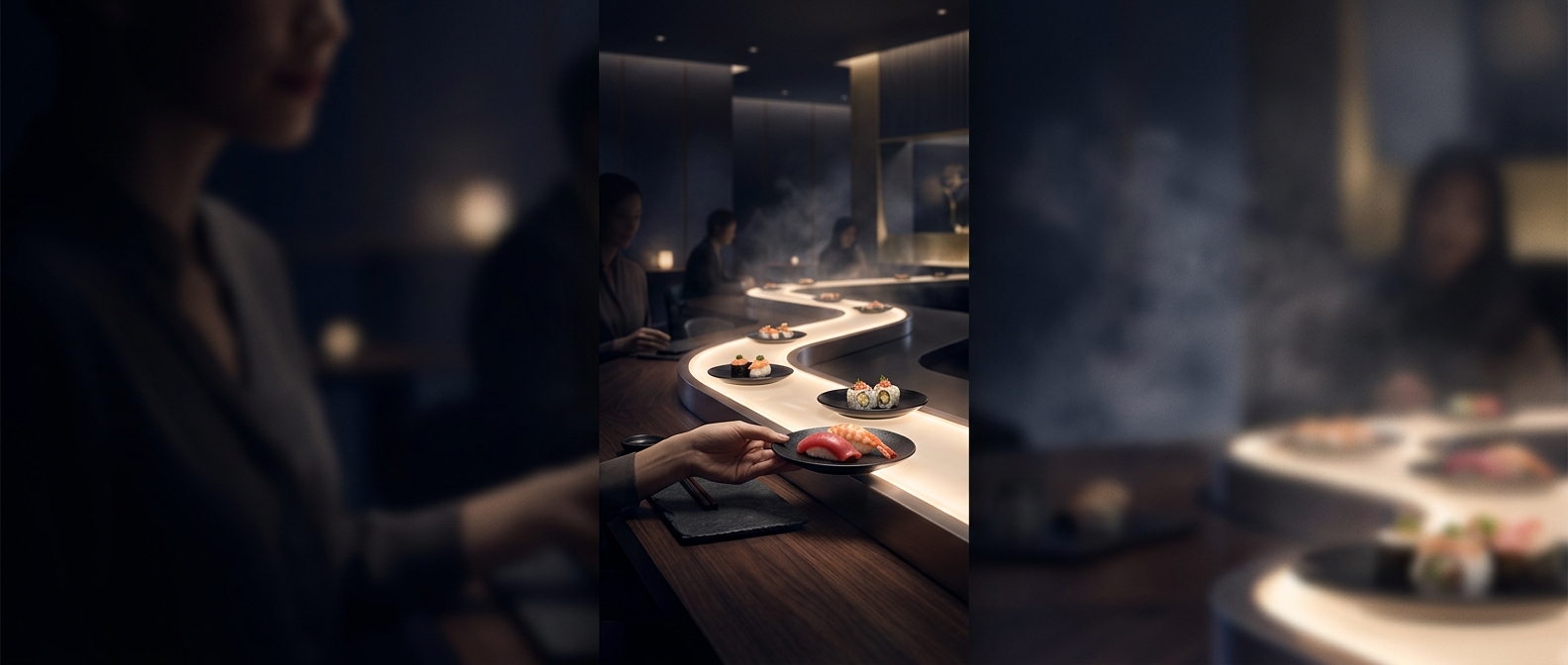 Sushi conveyor belts deliver plates directly to diners