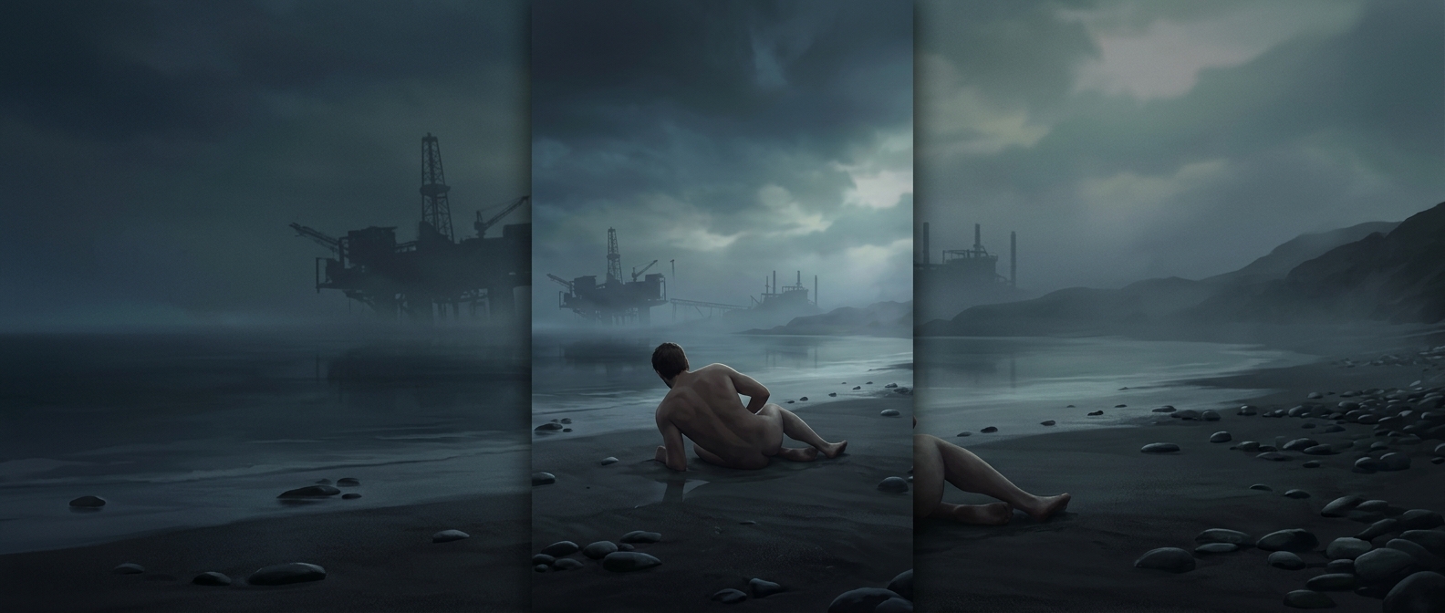 Rust begins by waking up entirely naked on a beach