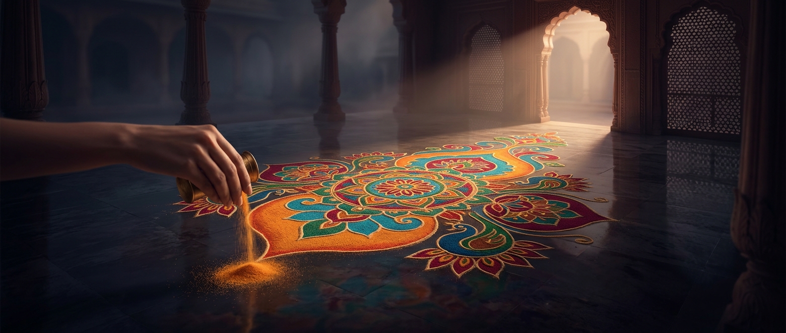 Rangoli art uses colored sand to decorate Indian floors