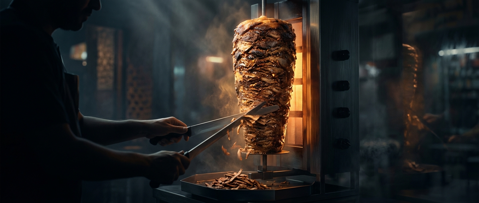 Shawarma meat revolves continuously on a vertical spit