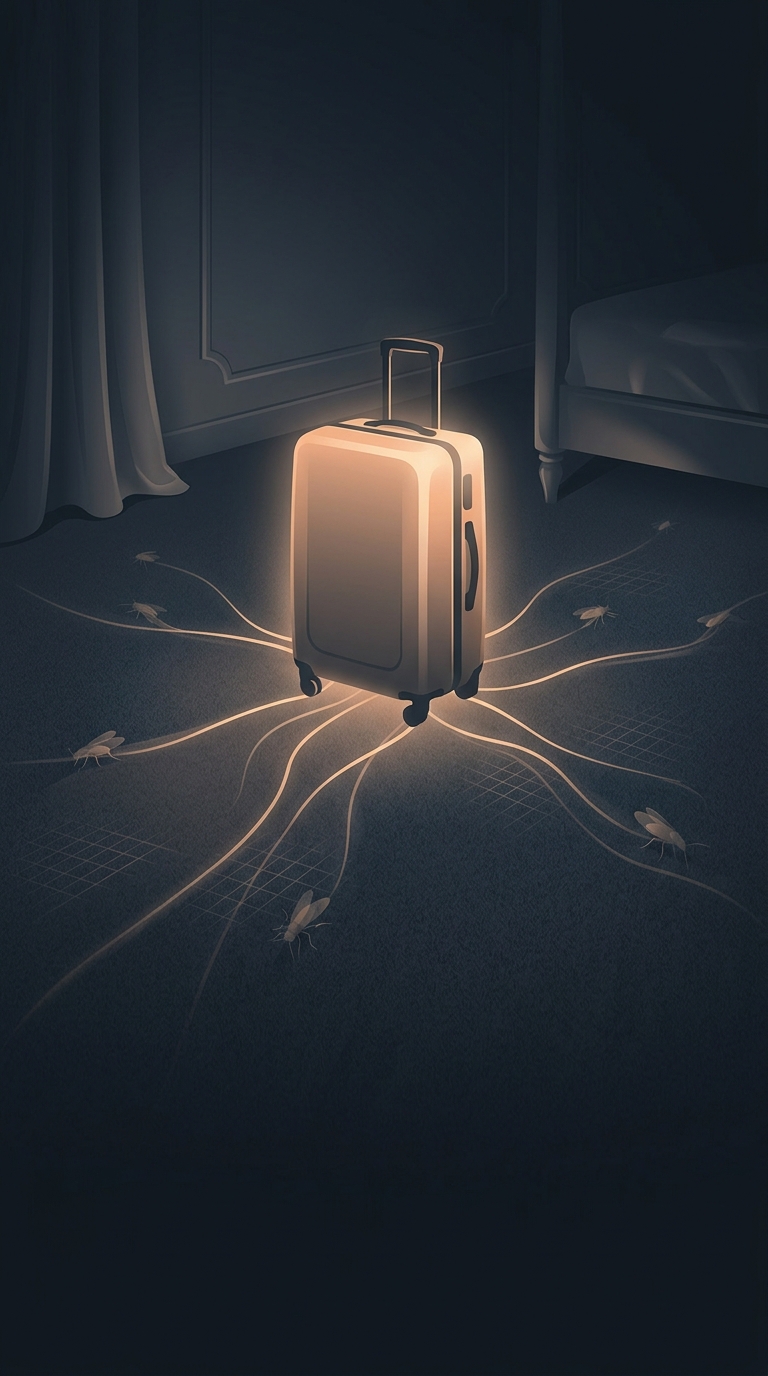 According to exterminators, where is the absolute worst place to set your suitcase down when you first enter a new hotel room?