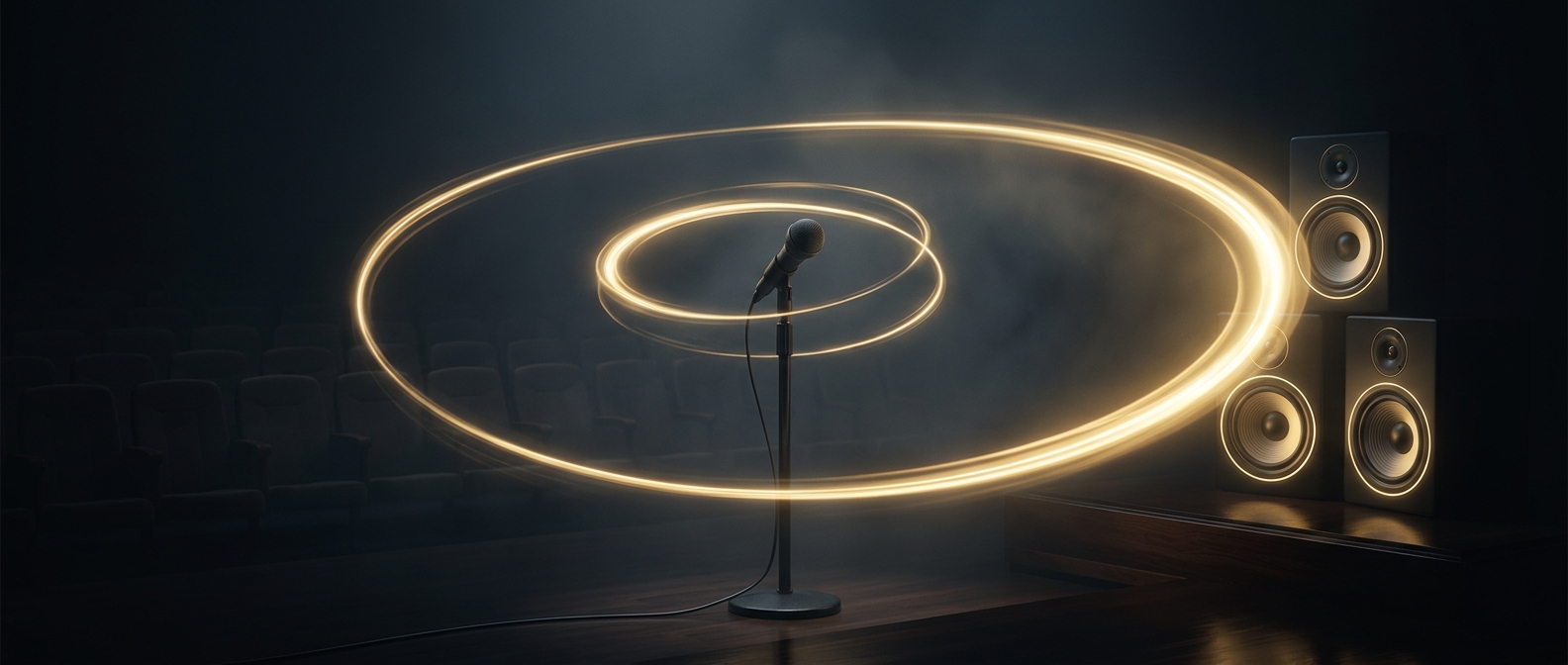 Acoustic feedback loops occur when microphones hear speakers