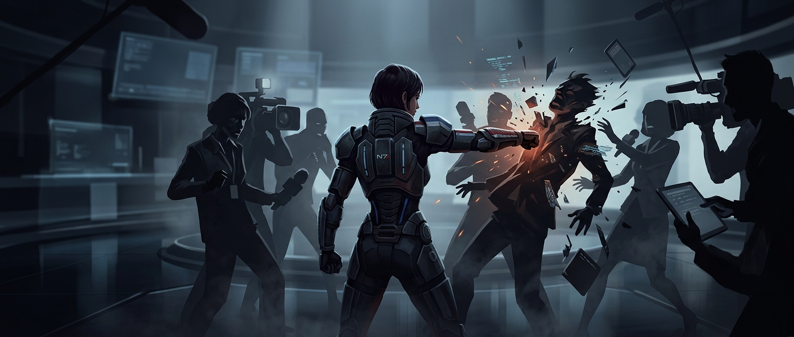 Commander Shepard can punch a reporter on live TV