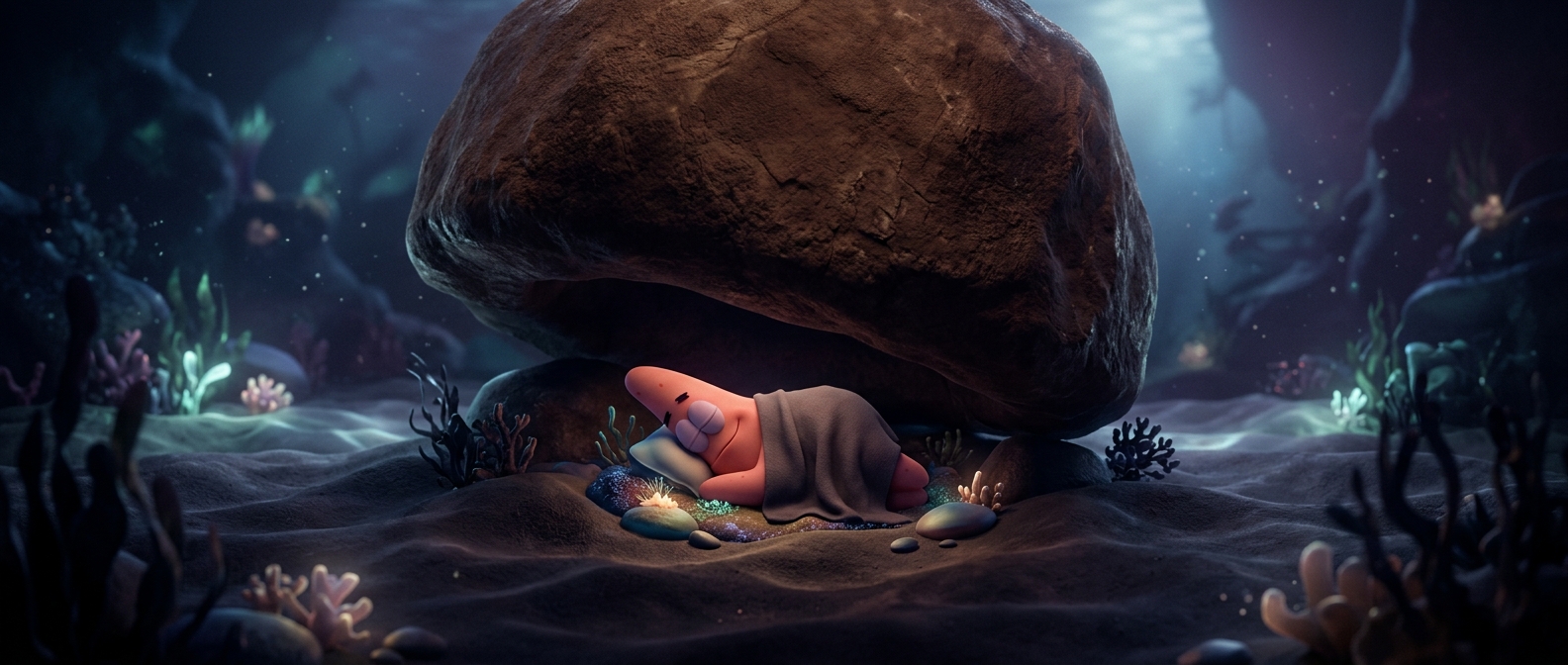 Patrick Star literally sleeps under a large brown rock