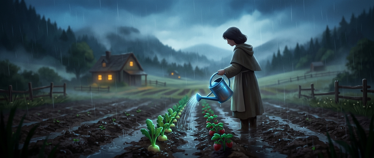 Супруги в Stardew Valley поливают культуры, которые и так под дождем