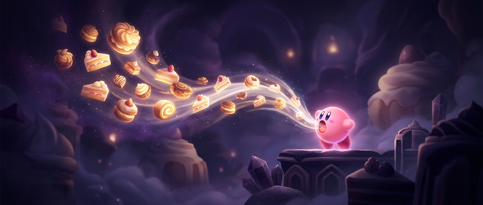Kirby inhales entire cakes to restore his stolen health