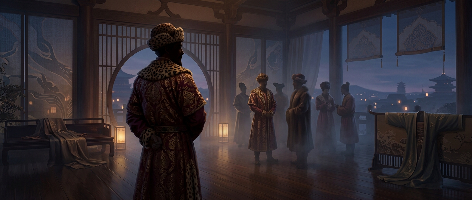 Chang'an elites abandoning traditional silk robes for Persian polo coats and leopard skin hats