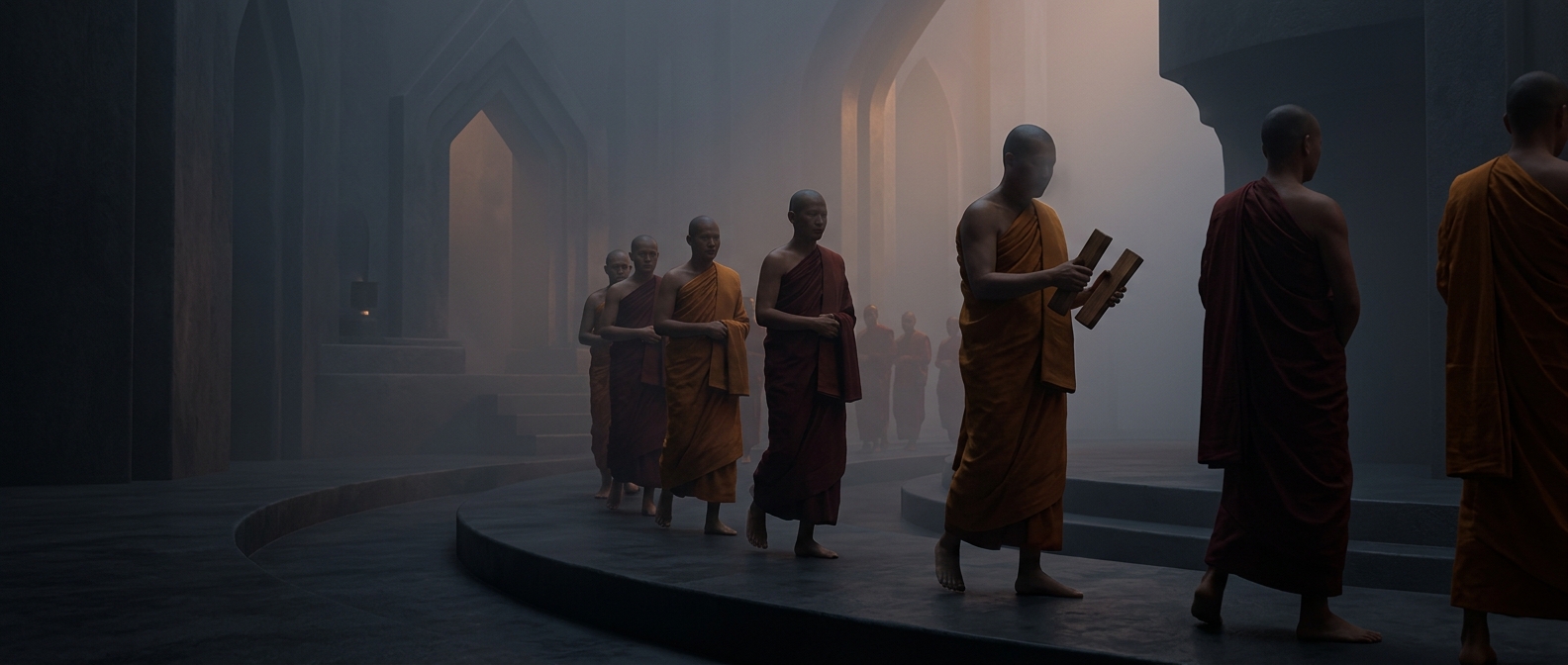Monks strike wooden blocks to perfectly synchronize walking