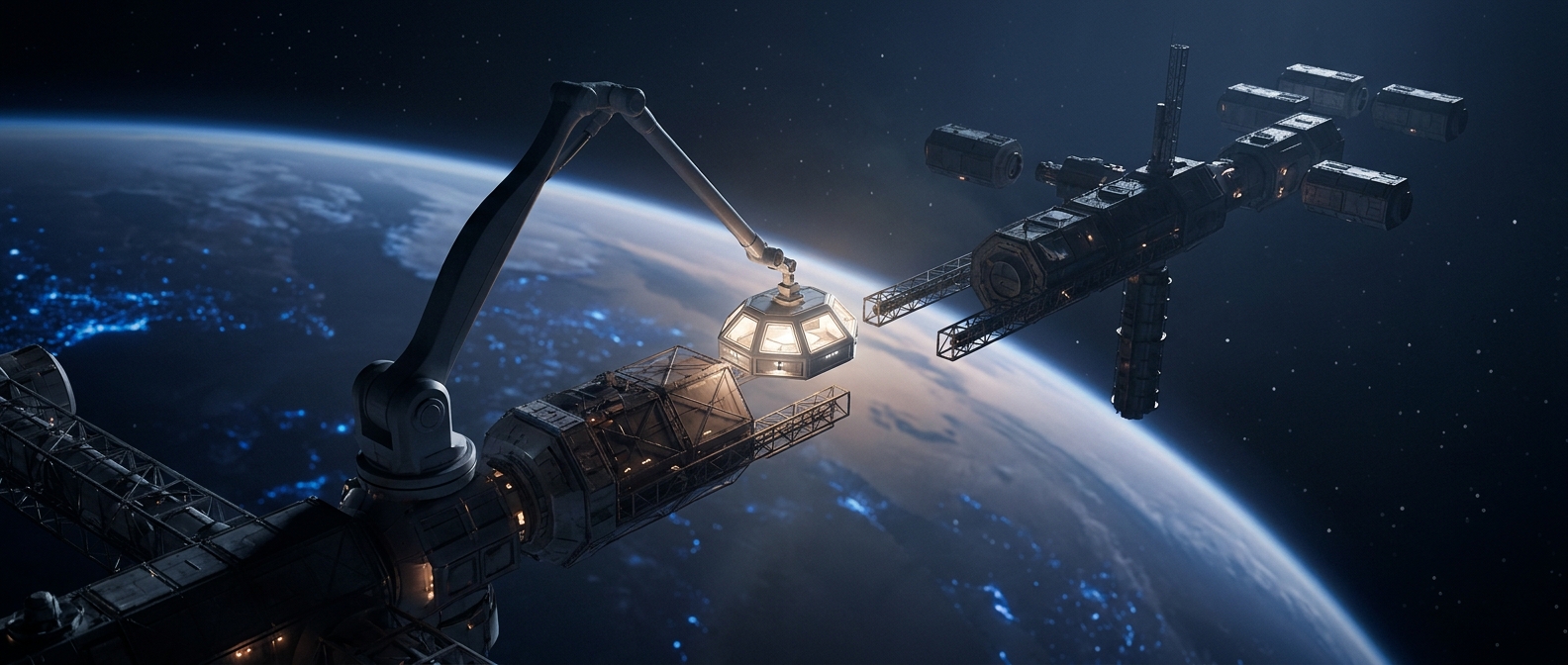Space stations are assembled piece by piece in orbit