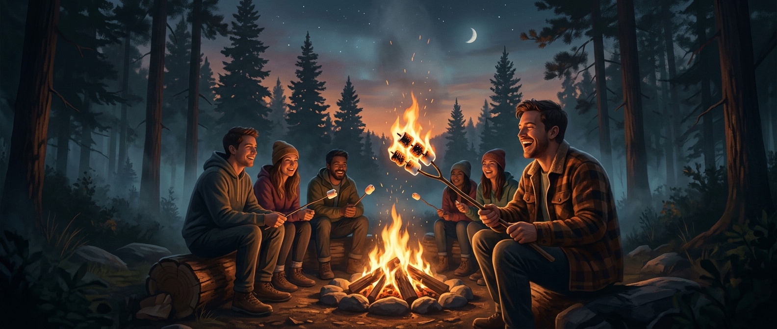 American campers enthusiastically set marshmallows on fire