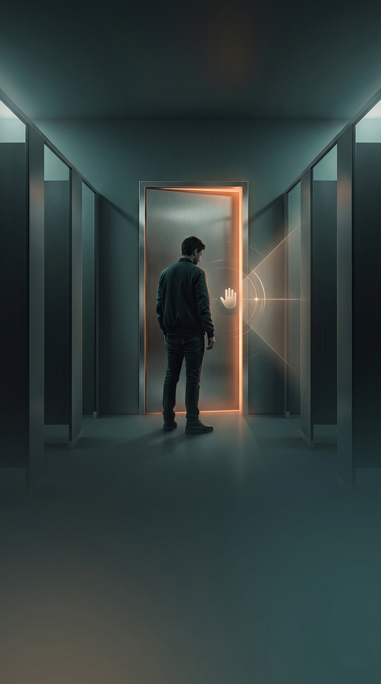 Why do nearly all public restroom doors open inward instead of pushing outward toward the hallway?