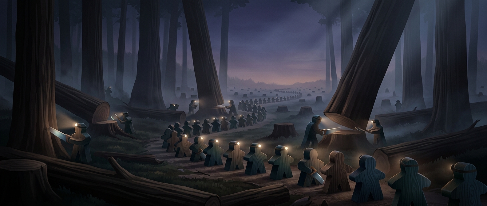 Wooden meeples require systematically chopping down forests