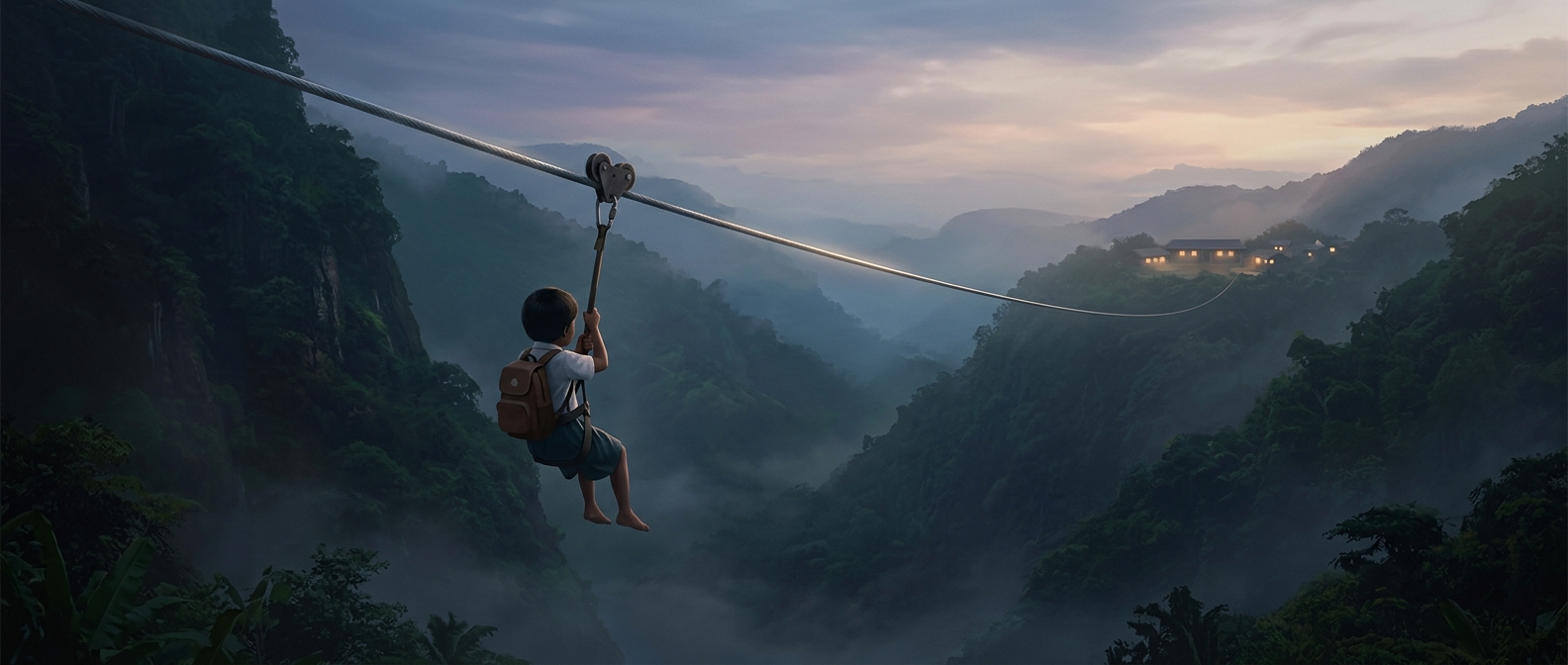Some children get to school by zipline