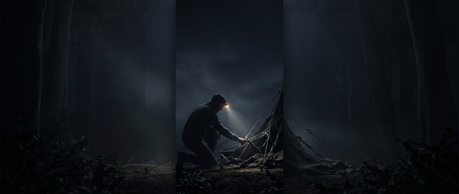 Attempting to assemble a canvas shelter completely in the dark tests ultimate patience