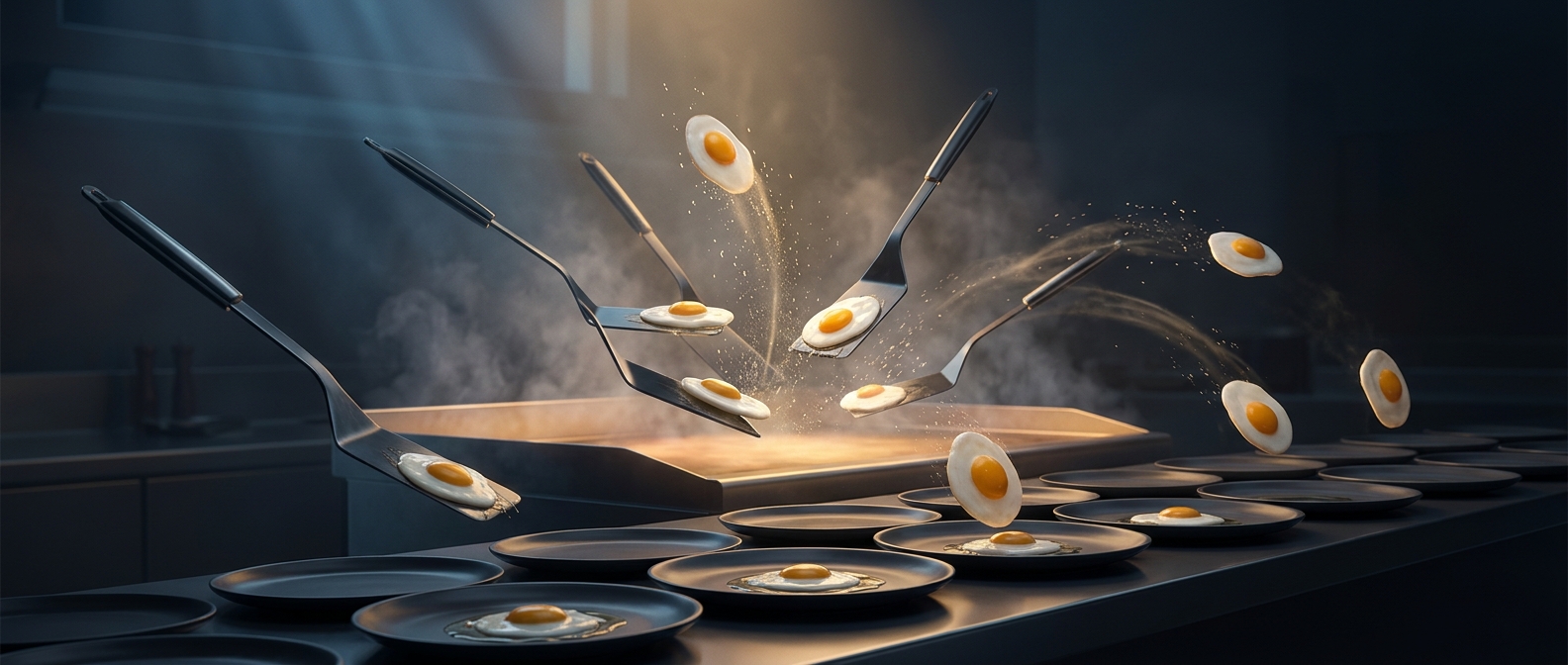 Spatulas aggressively flip morning eggs onto plates