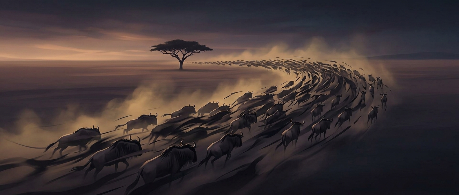 Kenyan plains host chaotic stampedes of wildebeest