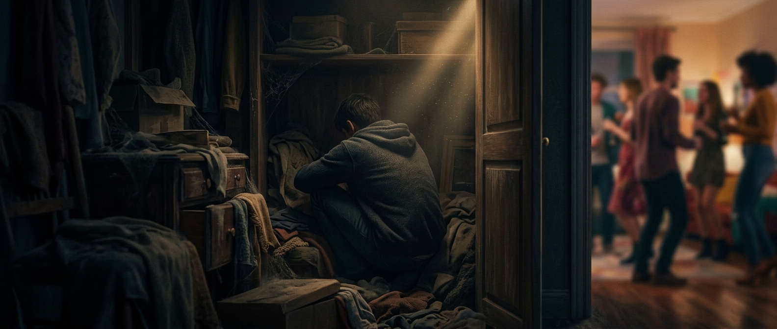 Cramming into a dusty closet to avoid friends