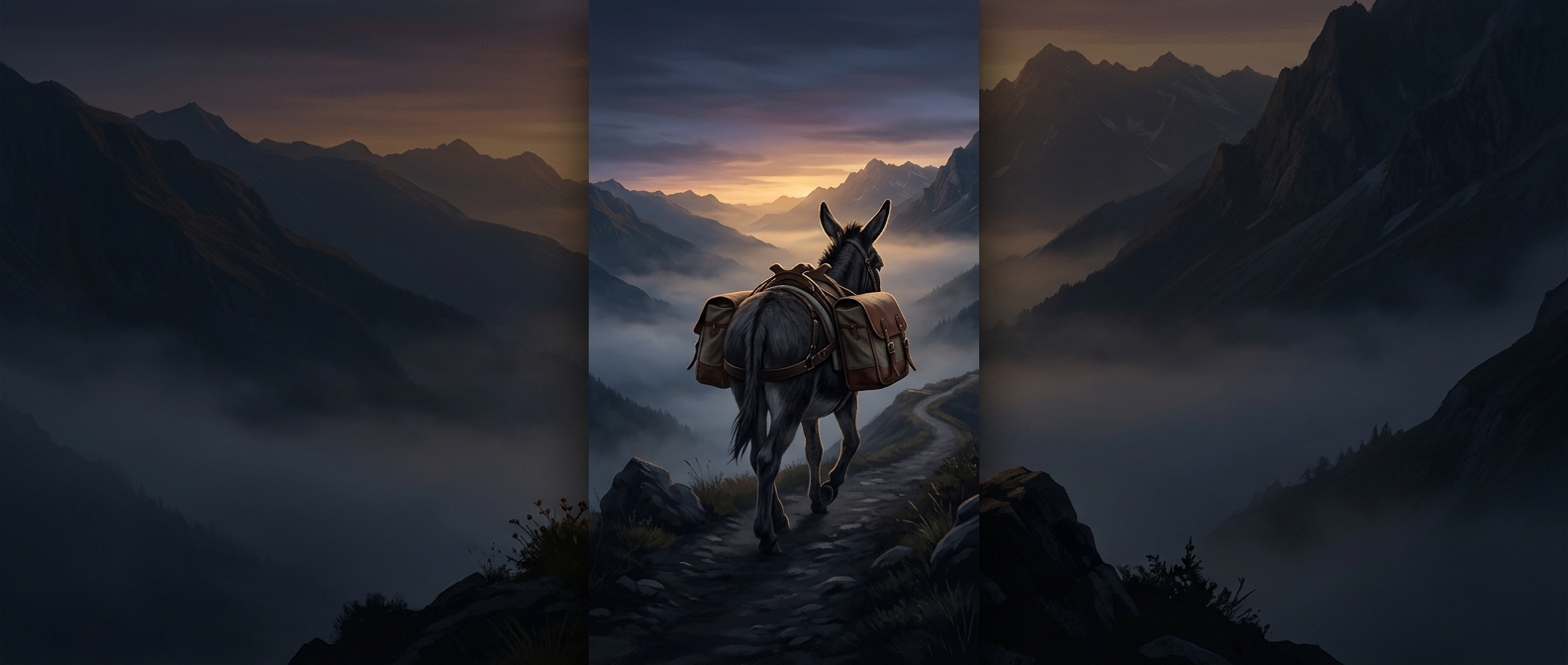 Panniers hang symmetrically on either side of a pack animal