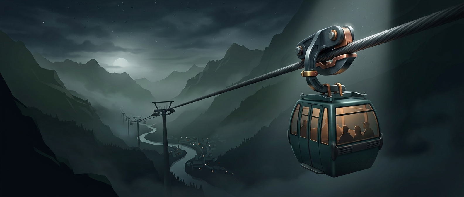 Gondola cabins are clamped directly onto a moving cable