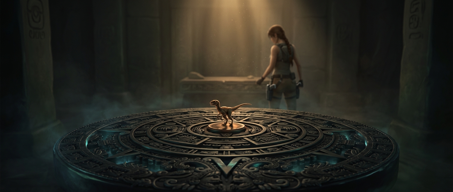 Tomb Raider's pause menu hides a spinning T-Rex