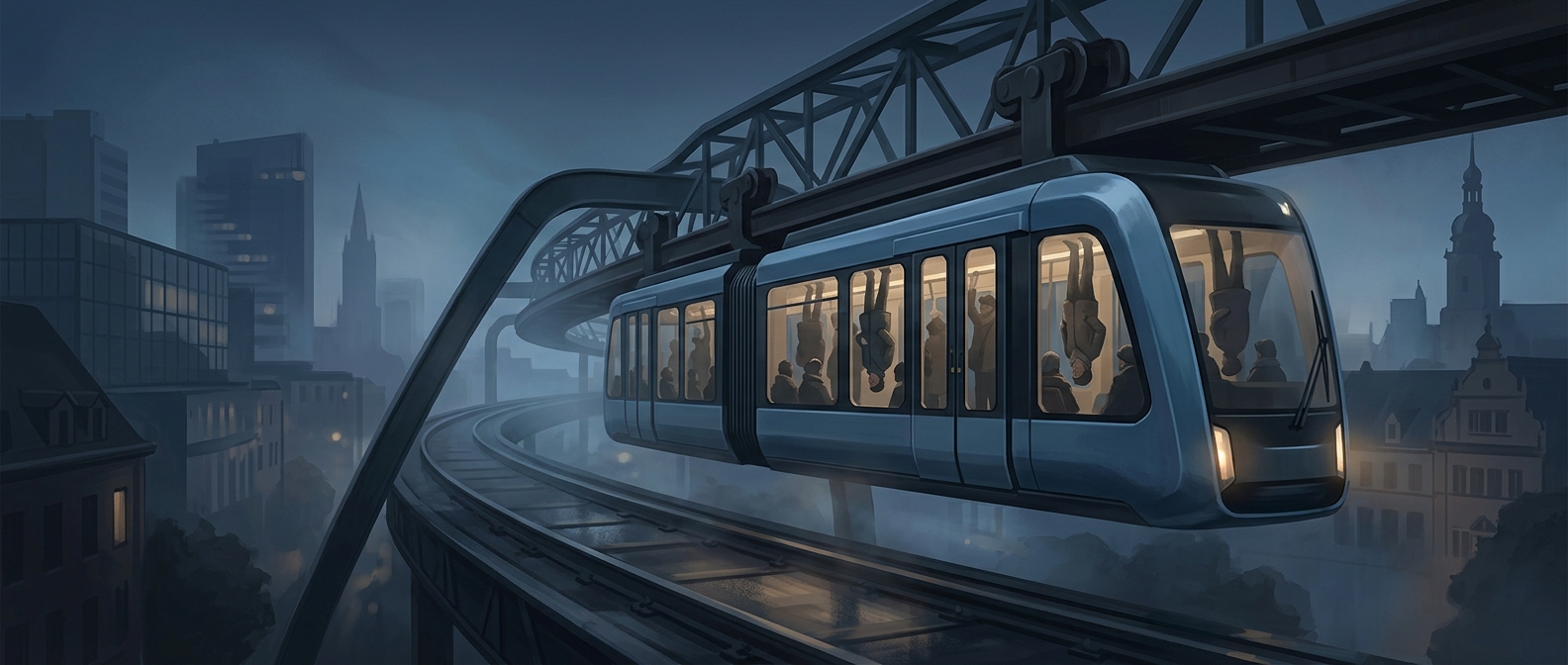 German commuters dangle upside down inside a train