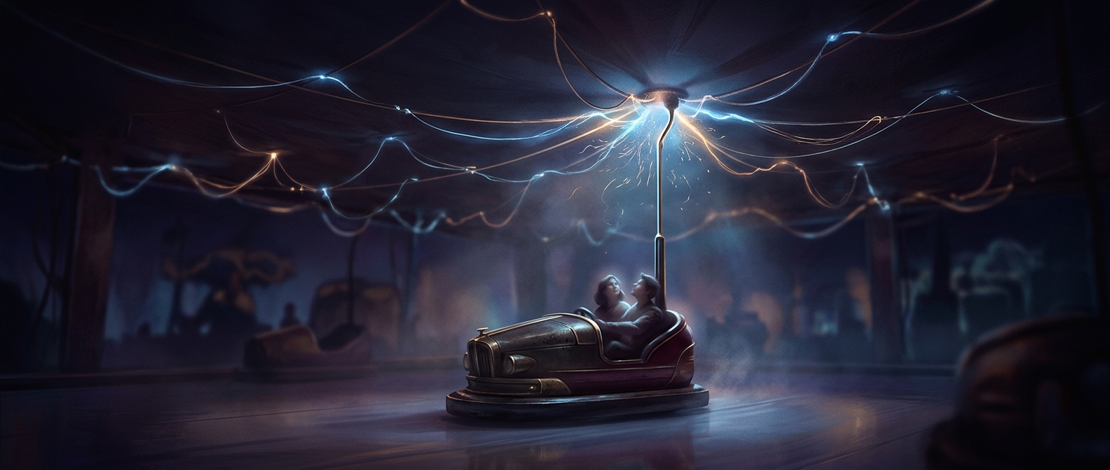 Bumper dodgems draw electricity from the ceiling