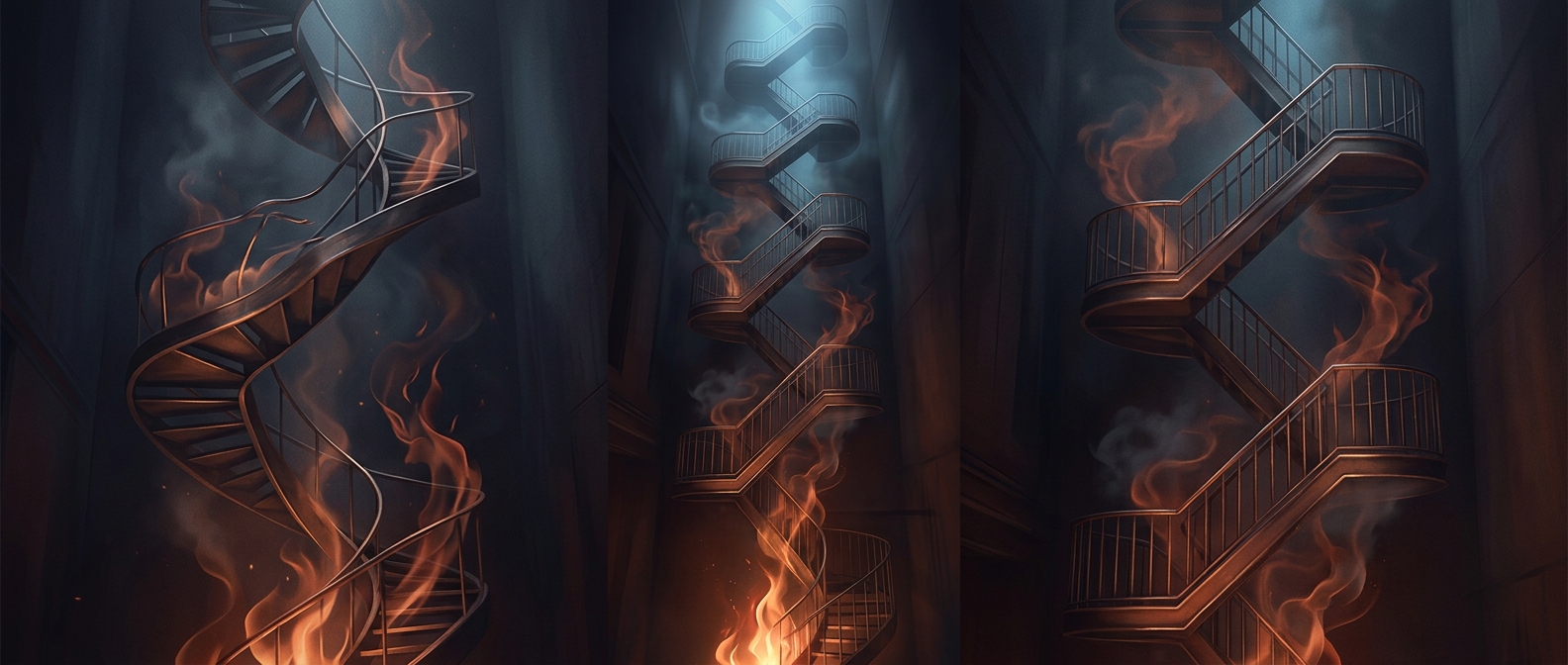 Fire escapes provide a chaotic path out of burning rooms