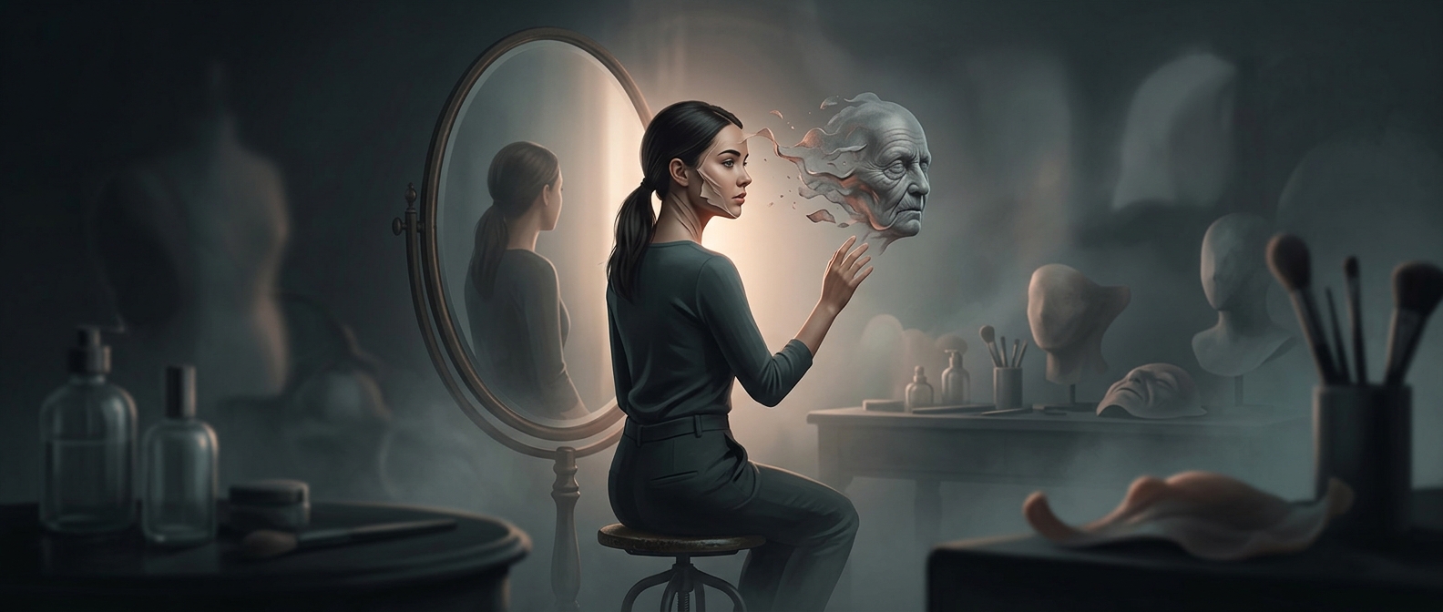Makeup artists apply silicone prosthetics for aging